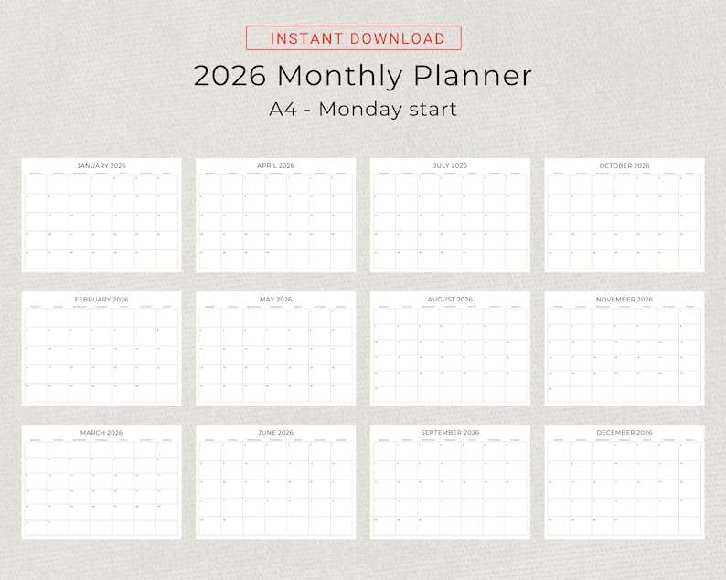 2026 Monthly Calendar PRINTABLE 2026 Monthly Planner Landscape Sunday & Monday Start 2026 Minimal Calendar A4 Letter Size PDF Download