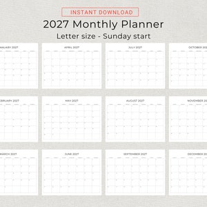 2027 Monthly Calendar 2027 Minimal Monthly Planner Landscape Sunday & Monday Start A4 and Letter Size 2027 Calendar Print At Home PDF