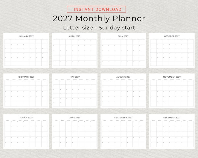 2027 Monthly Calendar 2027 Minimal Monthly Planner Landscape Sunday & Monday Start A4 and Letter Size 2027 Calendar Print At Home PDF