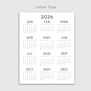 2026 Wall Calendar 2026 Yearly Calendar Printable PDF Minimalist Calendar 2026 Year at a Glance A3 A4 Letter Size Monday & Sunday Start