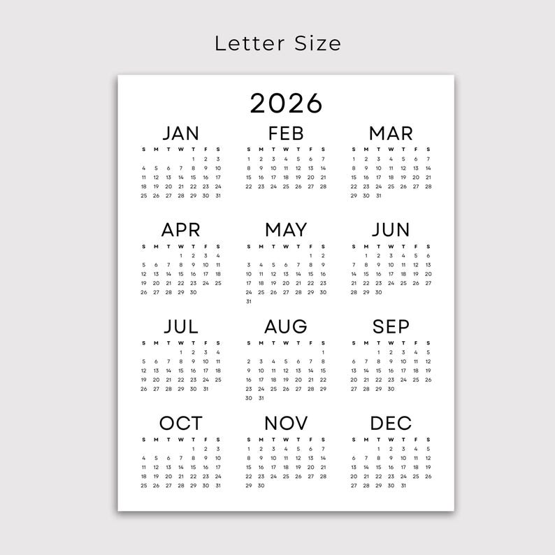 2026 Wall Calendar 2026 Yearly Calendar Printable PDF Minimalist Calendar 2026 Year at a Glance A3 A4 Letter Size Monday & Sunday Start
