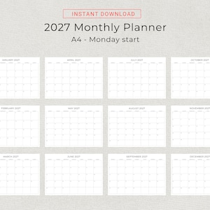 2027 Monthly Calendar 2027 Minimal Monthly Planner Landscape Sunday & Monday Start A4 and Letter Size 2027 Calendar Print At Home PDF