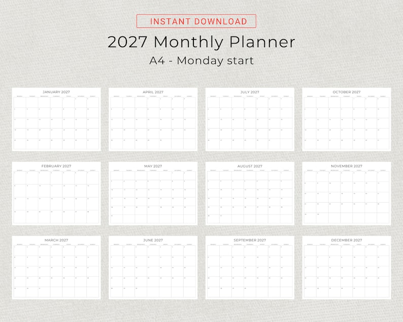 2027 Monthly Calendar 2027 Minimal Monthly Planner Landscape Sunday & Monday Start A4 and Letter Size 2027 Calendar Print At Home PDF