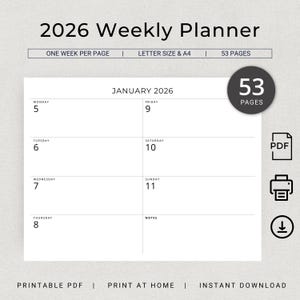 Printable 2026 Weekly Planner Minimalist Dated Planner Clean Simple Layout 2026 Week at a Glance A4 US Letter Size PDF Planner Weekly Agenda