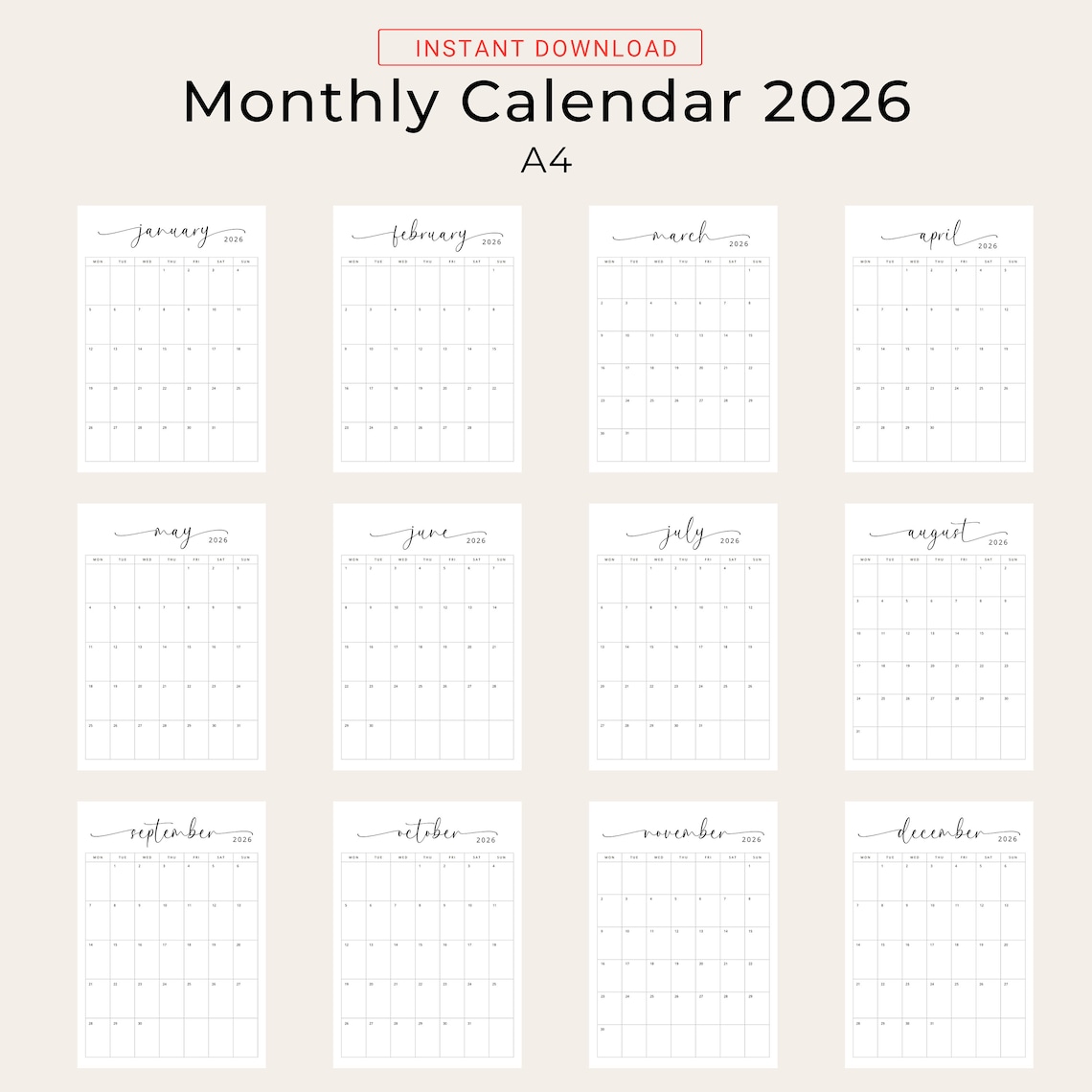 2026 Kalender 2026 Monatsplaner Vertikal 2026 Eleganter Monatskalender