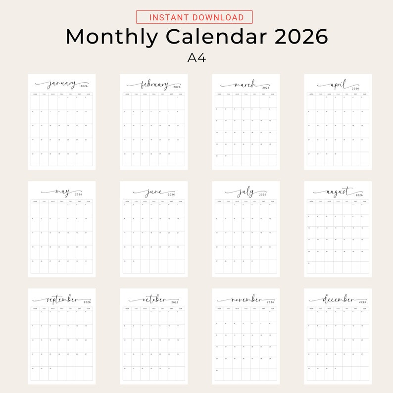 2026 Calendar 2026 Monthly Planner Vertical 2026 Elegant Monthly Calendar Portrait A4 Letter Size Printable Calendar Sunday & Monday Start