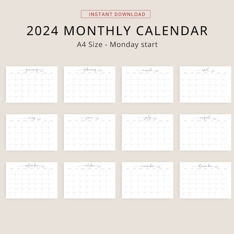 2024 Calendar 2024 Monthly Planner Landscape Elegant Monthly Calendar Sunday & Monday Start 2024 A4 Letter Size Wall Calendar PRINTABLE PDF