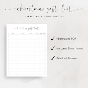 Christmas Gift List Printable Christmas Shopping List Xmas To Buy List Gift Checklist Minimalist Shopping Planner PDF Elegant A4 Letter Size