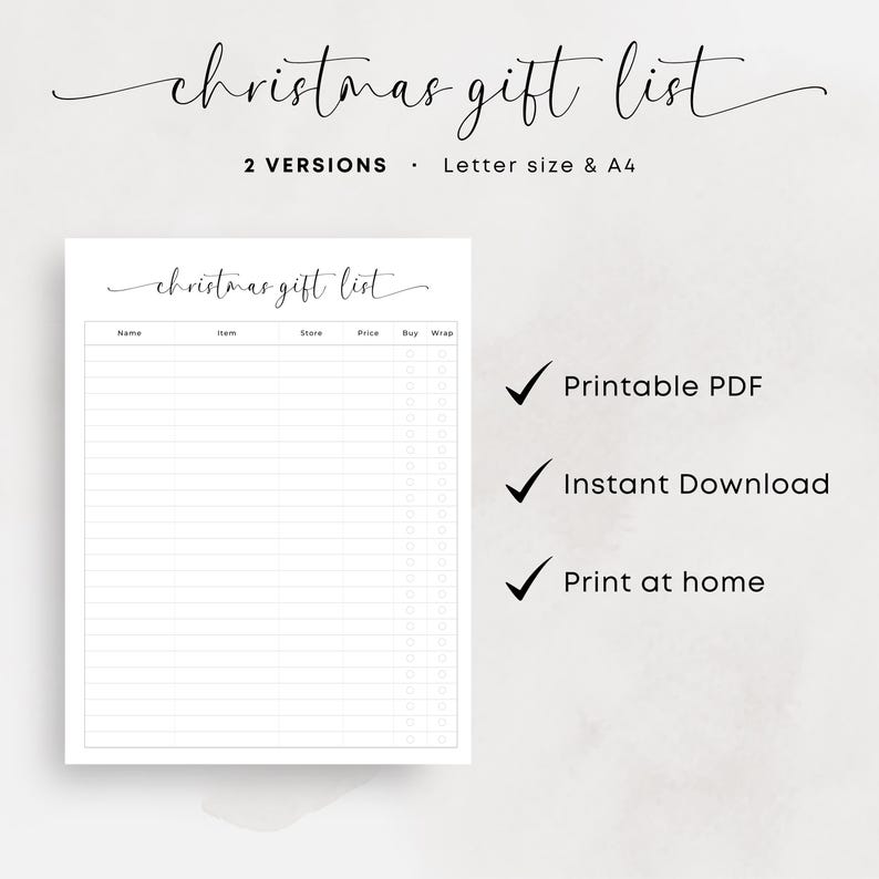 Christmas Gift List Printable Christmas Shopping List Xmas To Buy List Gift Checklist Minimalist Shopping Planner PDF Elegant A4 Letter Size