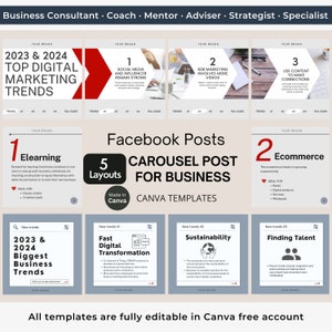 May include: A colorful infographic with the text "2023 & 2024 Top Digital Marketing Trends" and "Facebook Posts Carousel Post for Business Canva Templates". The infographic is divided into sections with different trends, such as "Elearning", "Ecommerce", "Social Media and Influencer Remain Strong", "B2B Marketing Involves More Videos", and "Use Content to Make Connections".
