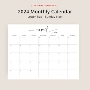 2024 Calendar 2024 Monthly Planner Landscape Elegant Monthly Calendar Sunday & Monday Start 2024 A4 Letter Size Wall Calendar PRINTABLE PDF