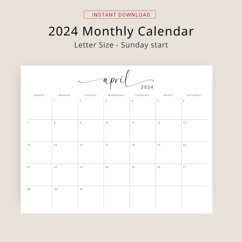 2024 Calendar 2024 Monthly Planner Landscape Elegant Monthly Calendar Sunday & Monday Start 2024 A4 Letter Size Wall Calendar PRINTABLE PDF