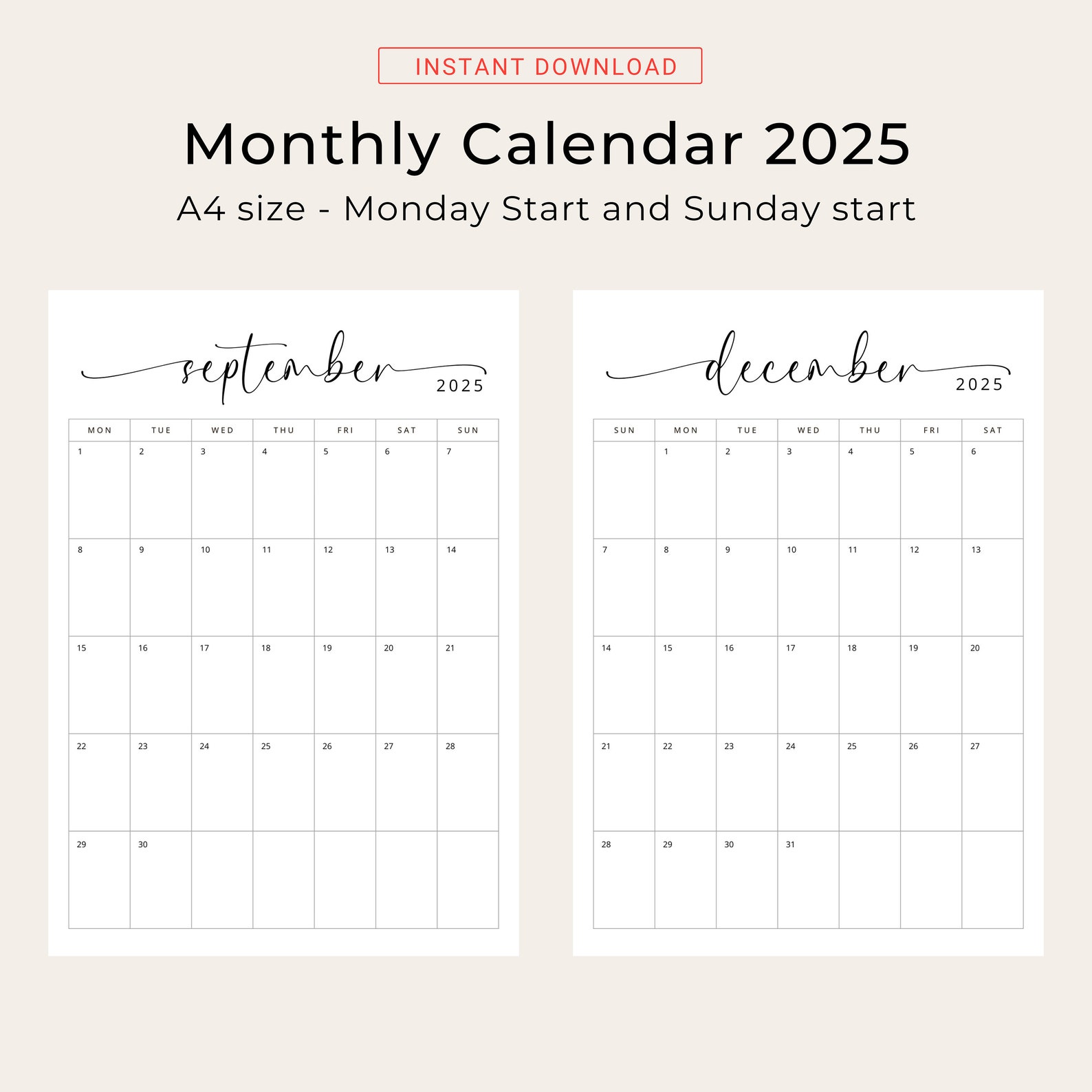 2025 Calendar 2025 Monthly Planner Vertical Sunday & Monday Start 2025 ...