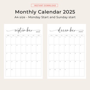 2025 Calendar 2025 Monthly Planner Vertical Sunday & Monday Start 2025 ...