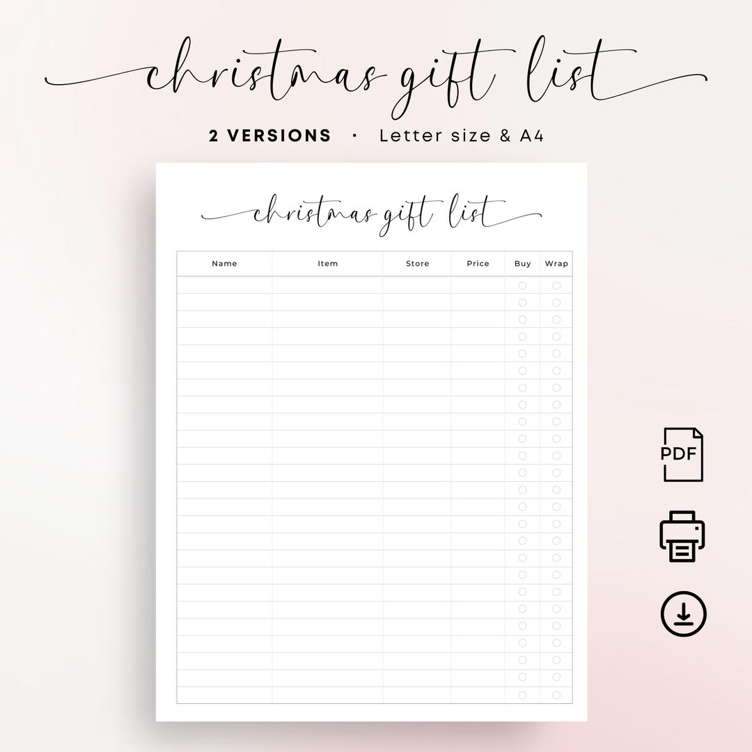 Christmas Gift List Printable Christmas Shopping List Xmas Present List ...