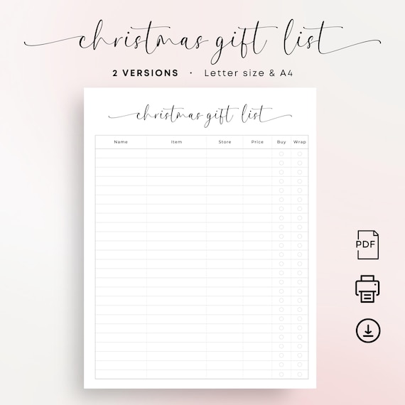 Christmas Gift List Printable Christmas Shopping List Xmas Present List Gift Plan Checklist Minimal Gift Tracker PDF Elegant A4 Letter Size
