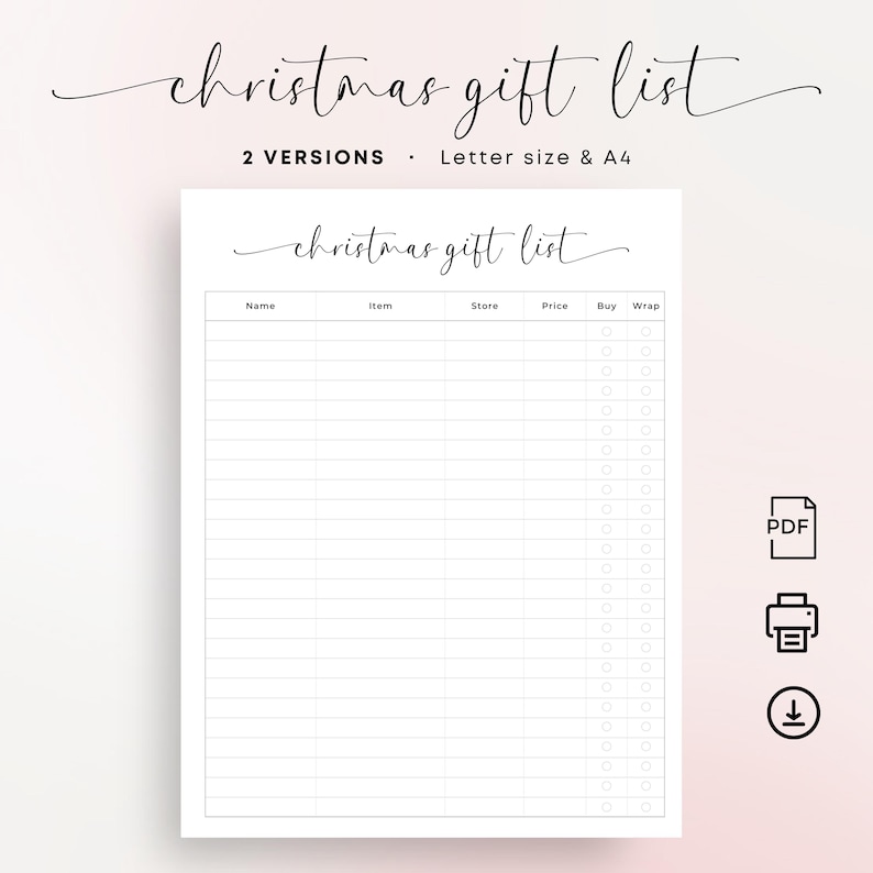 Christmas Gift List Printable Christmas Shopping List Xmas To Buy List Gift Checklist Minimalist Shopping Planner PDF Elegant A4 Letter Size
