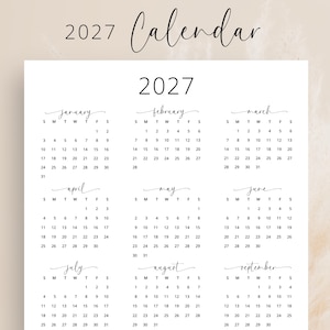 Calendario anual 2027, calendario vertical imprimible 2027, elegante calendario de pared A3 A4 tamaño carta, calendario de escritorio vertical, planificador 2027 PDF