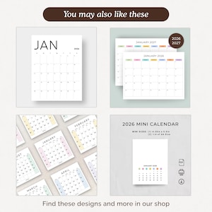 K&ouml;nnte beinhalten: Eine Auswahl an minimalistischen Kalendern f&uuml;r 2026. Die Kalender zeigen den Monatsnamen und die Daten in einem Raster. Das Bild enth&auml;lt auch den Text "You may also like these" und "Find these designs and more in our shop."