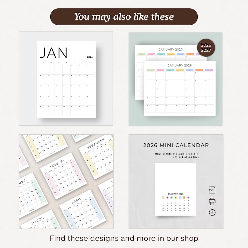 K&ouml;nnte beinhalten: Eine Auswahl an minimalistischen Kalendern f&uuml;r 2026. Die Kalender zeigen den Monatsnamen und die Daten in einem Raster. Das Bild enth&auml;lt auch den Text "You may also like these" und "Find these designs and more in our shop."