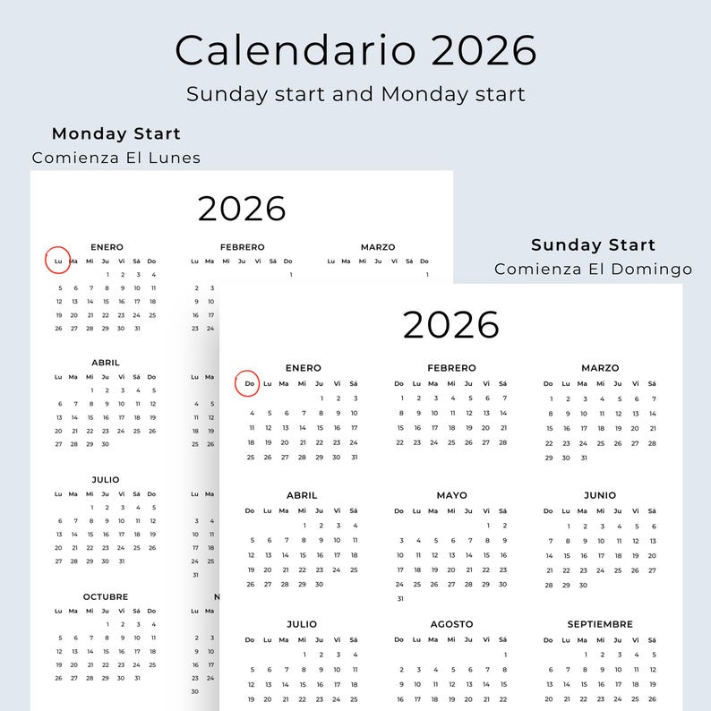 Calendario 2026 Calendario en Español 2026 Calendario Imprimible Calendar Spanish 2026 Printable Minimalist Wall Calendar A3 A4 Letter Size