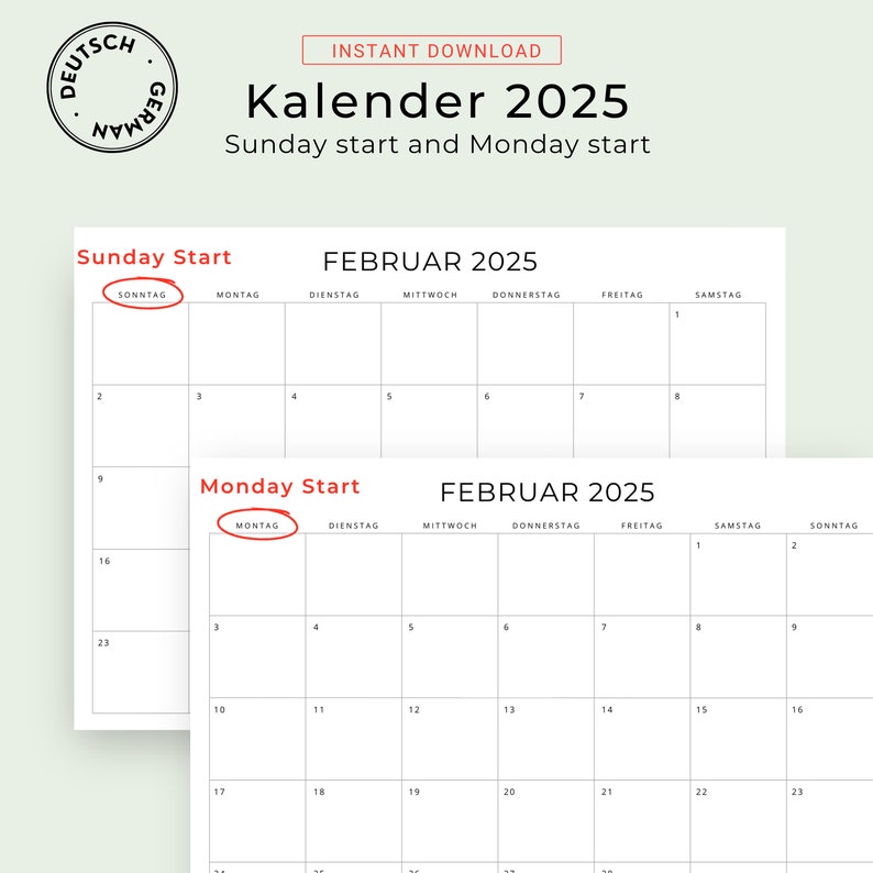 2025 Kalender 2025 Monatskalender German Calendar 2025 PRINTABLE Monthly Calendar in German 2025 Monthly Planner Minimal Germany A4 Letter