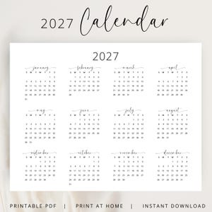Calendario 2027 imprimible, calendario de pared 2027 horizontal, elegante calendario A3 A4, calendario de escritorio con inicio de lunes y domingo.