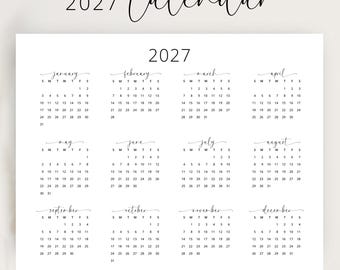 2027 Calendar Yearly Printable 2027 Wall Calendar Landscape 2027 Calendar Elegant A3 A4 Letter Monday & Sunday Start Desk Calendar Planner