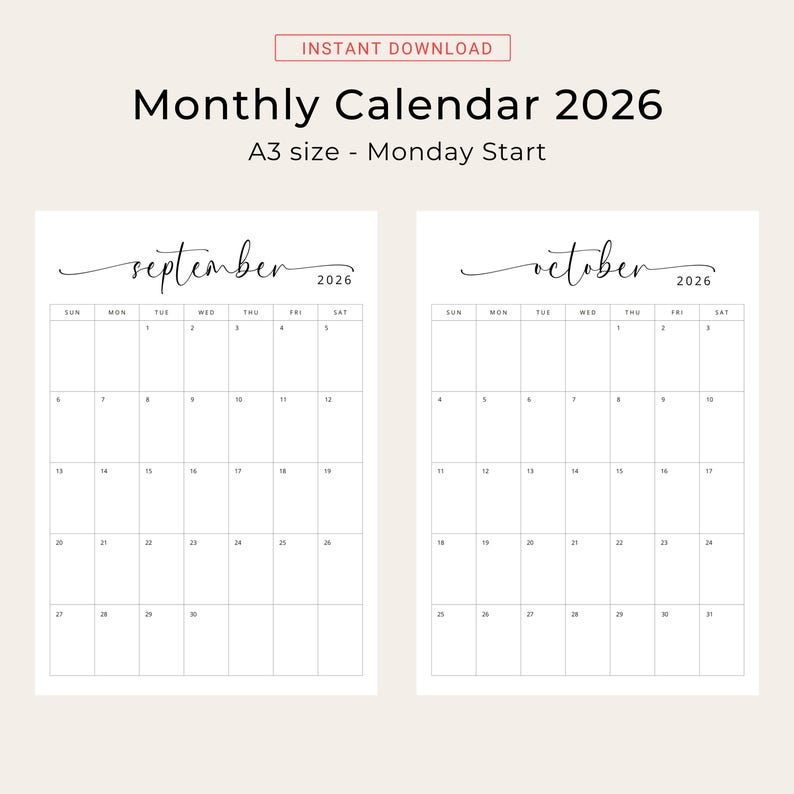 2026 Calendar A3 2026 Monthly Planner A3 Portrait 2026 Wall Calendar ...
