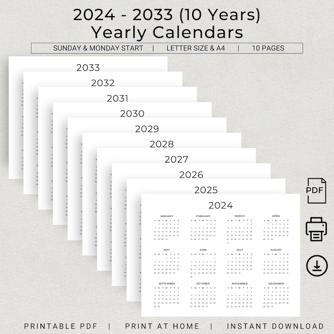10 Years Calendar 20242033 Yearly Calendar 2024 to 2033 Calendar Printable Minimalist Instant