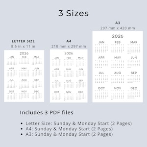 2026 Wall Calendar 2026 Yearly Calendar Printable PDF Minimalist Calendar 2026 Year at a Glance A3 A4 Letter Size Monday & Sunday Start