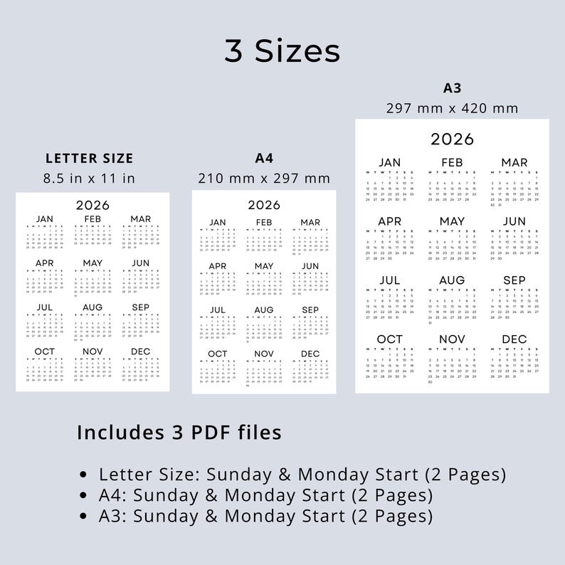 2026 Wall Calendar 2026 Yearly Calendar Printable PDF Minimalist Calendar 2026 Year at a Glance A3 A4 Letter Size Monday & Sunday Start