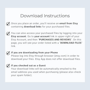 May include: Download instructions for digital files purchased on Etsy. Instructions cover downloading files after purchase, accessing files through your Etsy account, and downloading from a mobile phone.  Instructions also cover downloading files if you checked out as a guest.