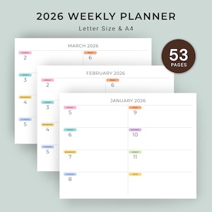 2026 Weekly Planner 2026 Agenda Weekly Journal Printable PDF Landscape Color Minimalist Calendar Weekly Schedule 2026 A4 Letter Size