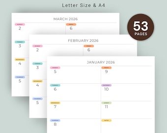 2026 Weekly Planner 2026 Agenda Weekly Journal Printable PDF Landscape Color Minimalist Calendar Weekly Schedule 2026 A4 Letter Size