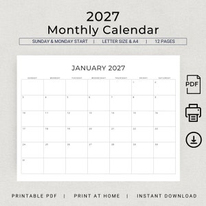 May include: A printable 2027 monthly calendar in a minimalist design. The calendar includes the month of January, with a Sunday and Monday start. The calendar is letter size and A4, with 12 pages.