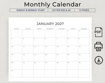 2027 Monthly Calendar 2027 Minimal Monthly Planner Landscape Sunday & Monday Start A4 and Letter Size 2027 Calendar Print At Home PDF