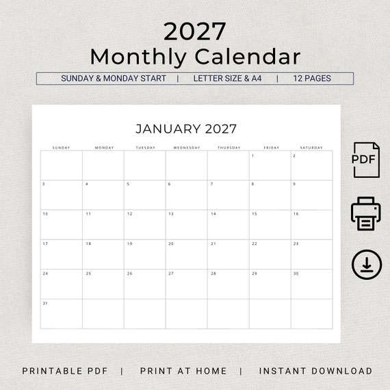 2027 Monthly Calendar 2027 Minimalist Monthly Planner Landscape Sunday & Monday Start A4 Letter Size 2027 Calendar Printable PDF Download