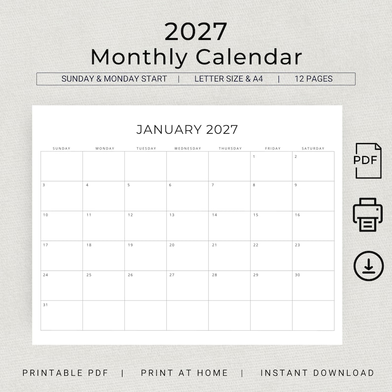 2027 Monthly Calendar 2027 Minimal Monthly Planner Landscape Sunday & Monday Start A4 and Letter Size 2027 Calendar Print At Home PDF
