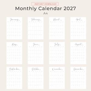 Printable 2027 Calendar 2027 Monthly Planner PDF Vertical Elegant Wall Calendar Sunday & Monday Start A4 US Letter Size Desk Calendar 2027
