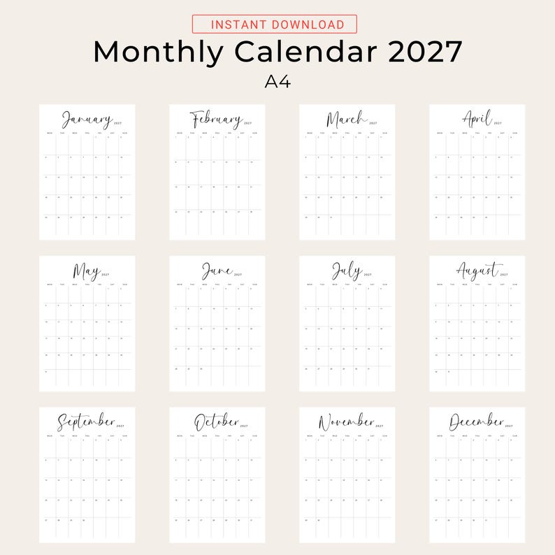 Printable 2027 Calendar 2027 Monthly Planner PDF Vertical Elegant Wall Calendar Sunday & Monday Start A4 US Letter Size Desk Calendar 2027
