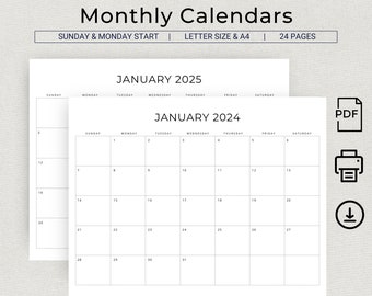 2024 & 2025 Kalender Printable 2024 2025 Monatsplaner Querformat Montag Start Sonntag Start Minimal Monatskalender PDF A4 Letter Size