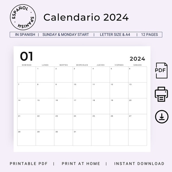 Calendario 2024 Calendario Mensual 2024 PRINTABLE Spanish Calendar 2024  Minimal Calendar in Spanish Planner Horizontal Calendar A4 Letter 