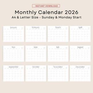 2026 Calendar 2026 Monthly Planner Landscape 2026 Wall Calendar PDF 2026 Desk Planner Minimalist Printable Stylish A4 Letter Size Agenda