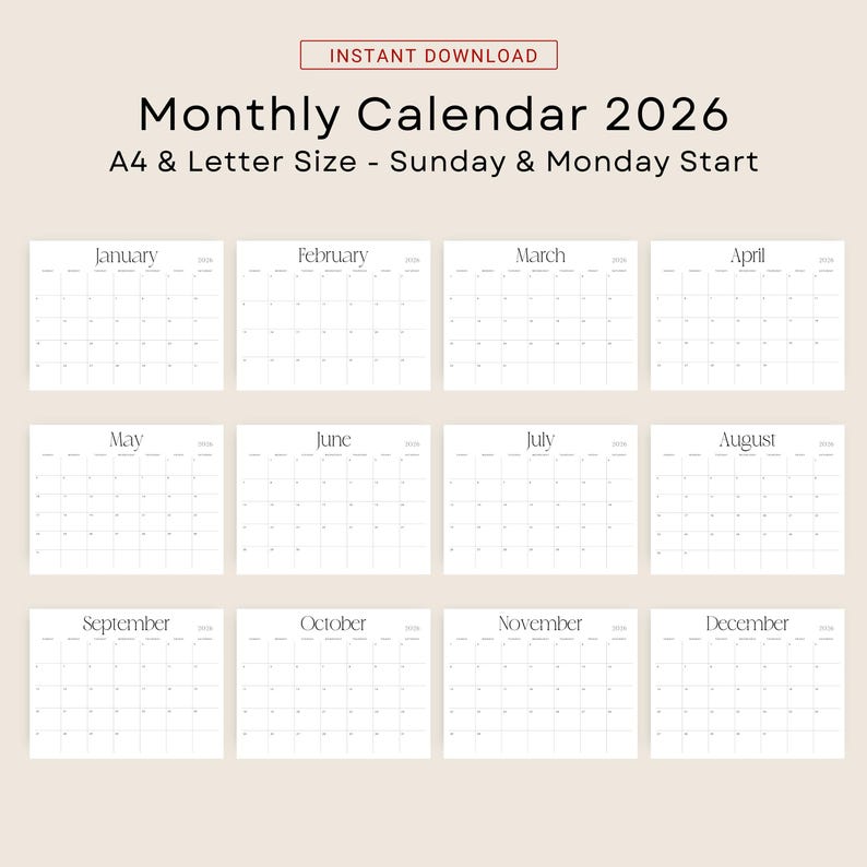 2026 Calendar 2026 Monthly Planner Landscape 2026 Wall Calendar PDF 2026 Desk Planner Minimalist Printable Stylish A4 Letter Size Agenda