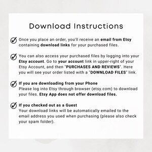 Puede incluir: Instrucciones de descarga para compras de Etsy. Las instrucciones incluyen c&oacute;mo descargar archivos despu&eacute;s de comprar en Etsy, c&oacute;mo acceder a los archivos comprados a trav&eacute;s de tu cuenta de Etsy y c&oacute;mo descargar archivos si compraste como invitado.