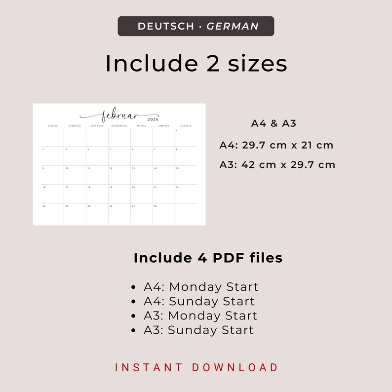 Kalender 2026 Kalender Deutsch Instant Download Printable 2026 Calendar in German PDF 2026 Desk Planner German A3 A4 Germany Wall Calendar