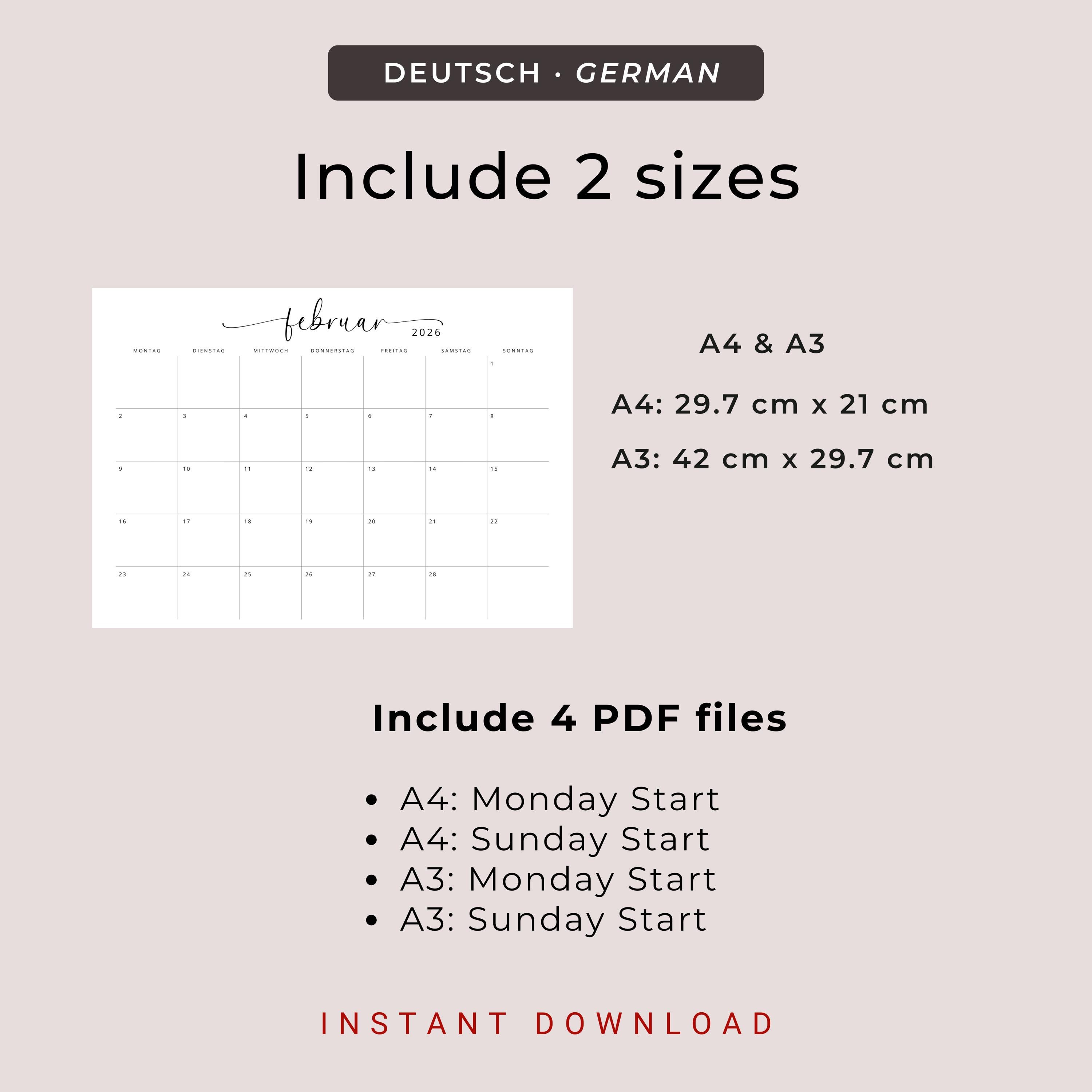 Kalender 2026 Kalender Deutsch Instant Download Printable Kalender 2026