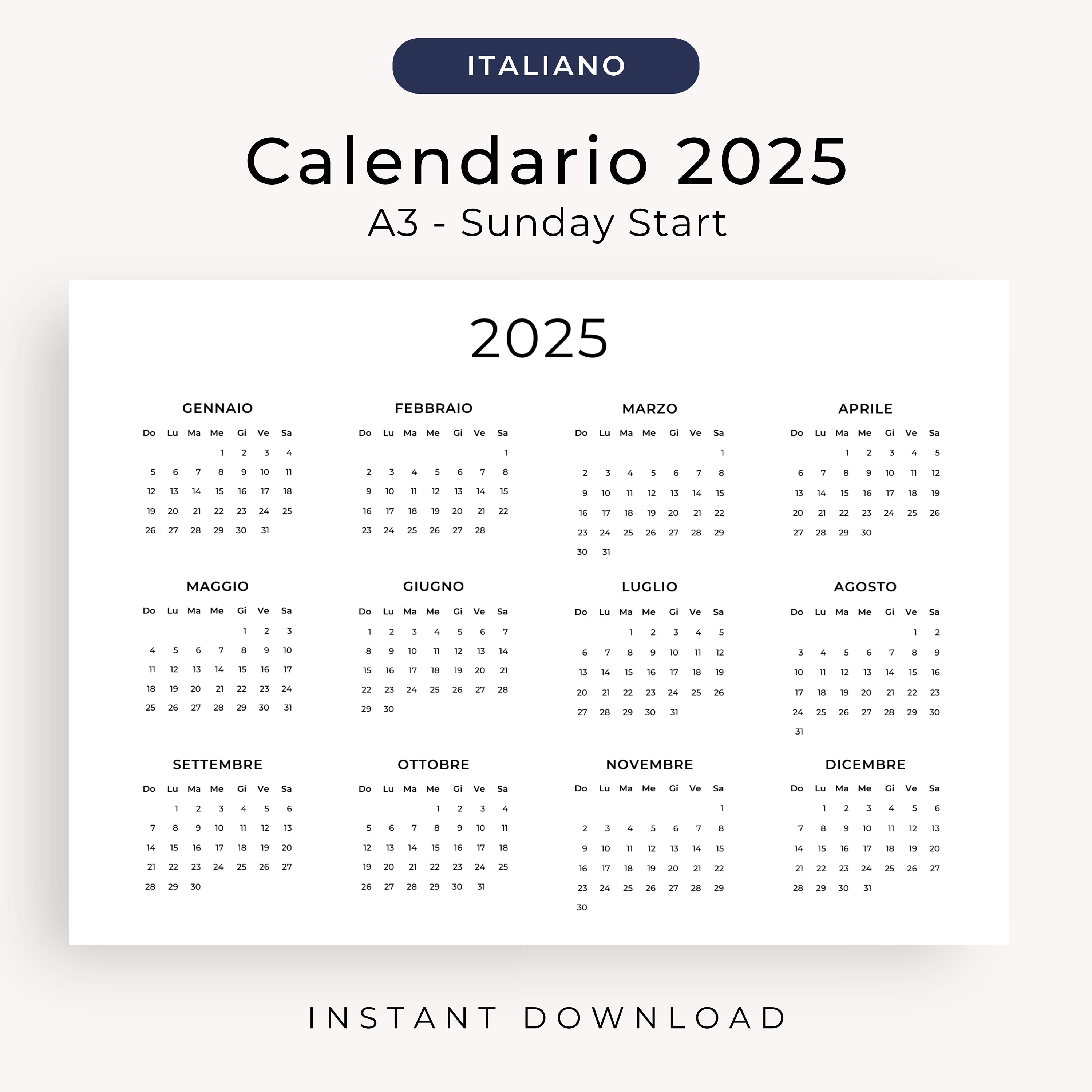 Calendario 2025 Calendario Annuale 2025 Calendario in Italiano 2024 PRINTABLE Italian Calendar