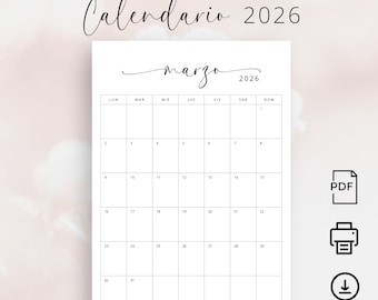 Calendario 2026 Calendario Mensual en Español 2026 Planificador 2026 España Wall Calendar in Spanish 2026 Planner PRINTABLE A4 Letter Size